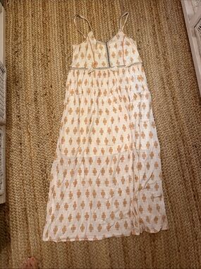 White and Tan Printed Midi Dress with Spaghetti Straps